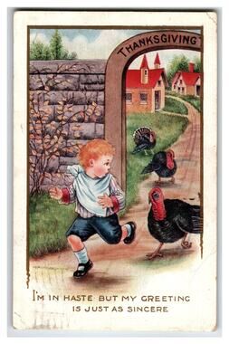 Vintage Thanksgiving Postcard Boy Running Turkeys Whitney Made 1910s Holiday